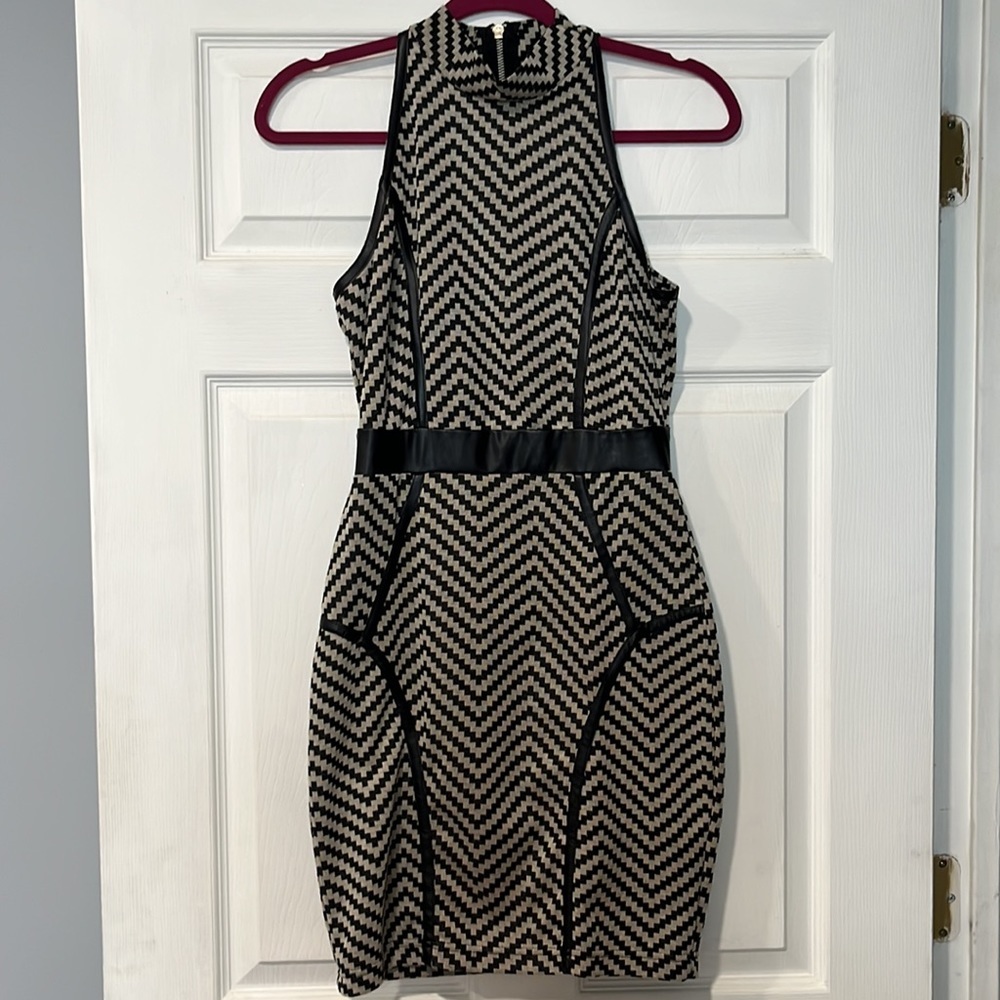 Faux Leather trim bodycon zip up dress size small